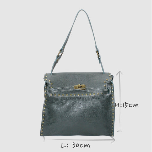 Juli - Handmade Calf Leather Studs Bag With Metallic Closure Petrol Green